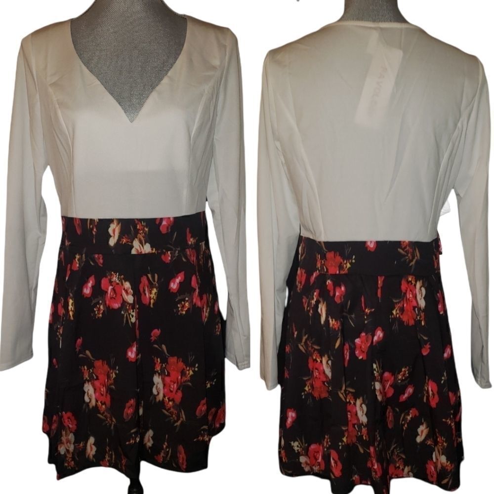 NWT Favolook White and Flowered Dress. Long Sleeves, Size XL